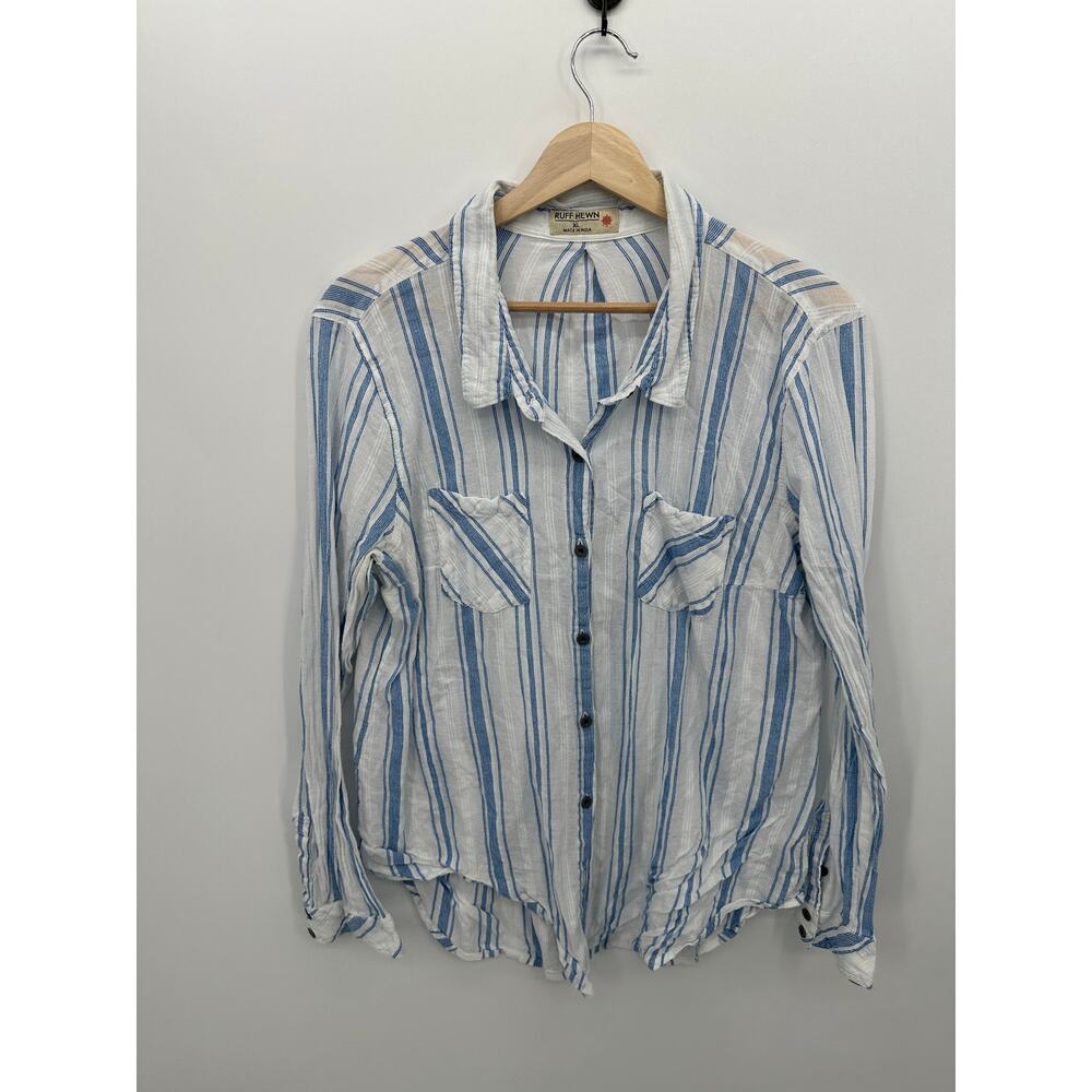 Ruff Hewn Womens Blue White Striped Button Down Shirt Sz XL Cotton‎ Coastal